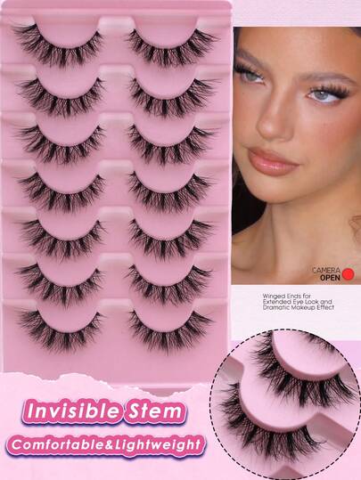 7 Pairs Criss-Cross Transparent Band False Eyelashes, Suitable For Work, Casual And Party, Length 7-12cm, Black Band, Soft Natural Faux Mink Cat Eye Lashes, Suitable For Makeup