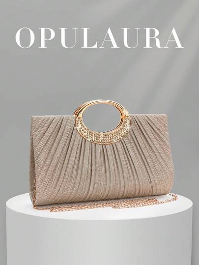 OpulAura Sparkling Crystal Rhinestone Evening Clutch Bag, Luxury Pleated Glitter Design With Metal Chain Strap, Elegant, Refined, And Luxurious Sequin Party Bag, Perfect Accessory For Women, Brides, New Year's Outfits, And Party Dresses. This Party Clutch Is Ideal For Various Gatherings, Weddings, Prom, And Ballroom Events.