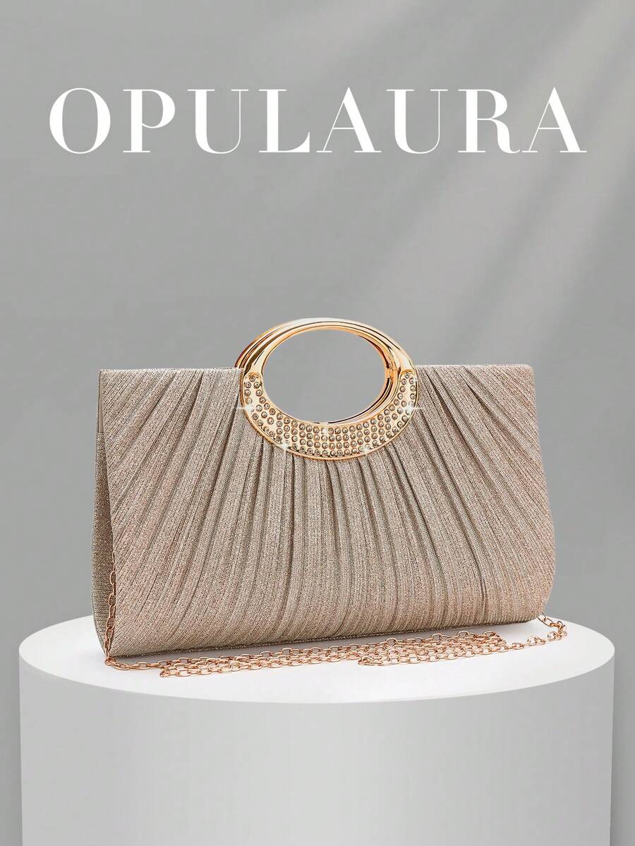 Túi xách cầm tay dự tiệc OpulAura đính pha lê lấp lánh, thiết kế xếp ly sang trọng với dây đeo kim loại, thanh lịch, tinh tế và xa hoa, phụ kiện hoàn hảo cho phụ nữ, cô dâu, trang phục năm mới và váy dự tiệc. Chiếc túi xách dự tiệc này lý tưởng cho nhiều buổi tụ họp, đám cưới, dạ hội và các sự kiện khiêu vũ. - Vàng - Xem 1