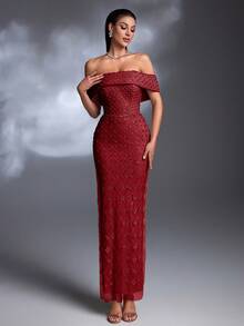 AMILUCK New Luxury High-End Sequin, Sequins, Lace Off Shoulder Ruffle Hem Slit Elegant Dress, Suitable For Formal Occasions, Parties, Red Carpet, Weddings - Burgundy - View 7