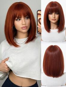 12英寸深棕色直发短款波浪卷波波头假发，带蓬松刘海，耐热合成纤维假发，适合女性日常佩戴和派对场合 - 酒紅色 - 查看 7