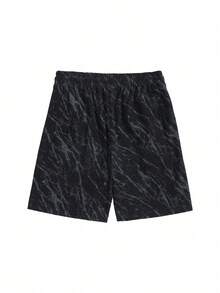 男士夏季灯芯绒直筒短裤，纯色纹理休闲宽松及膝裤 - 黑色 - 查看 2