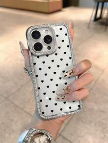 1 pieza Funda de teléfono de moda con marco plateado transparente y diamantes brillantes alrededor. Cuenta con un borde protector enchapado y es compatible con 17 Pro Max/16 Pro Max/15 Pro/14 Pro. Es un excelente regalo para tu mejor amiga y amigas. - Plateado - Ver 3
