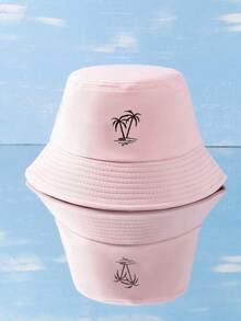1 pièce Chapeau de seau style Y2K unisexe avec palmier brodé, convient pour les sports de plein air, la protection solaire, les déplacements quotidiens, la plage, les vacances - Rose bonbon - Voir 5