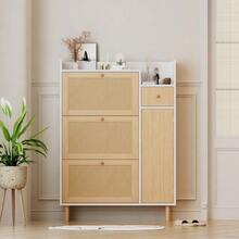 High-Quality Rattan Wardrobe With Four Drawers And Solid Wood Handles - For Bedroom, Living Room, Dining Room, Hallway -: Width 80 / Height 80 / Depth 38 Cm - Apricot - View 3