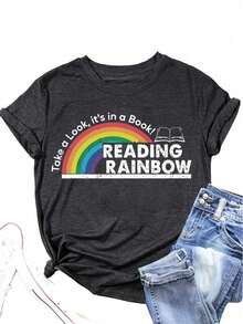 Women's Reading Rainbow Graphic Tee With Book Design Tee, Soft, Heavyweight, Fitted Fit, Print, Graphic, Design, Book, Rainbow Print, For Casual - 深灰色 - 查看 15