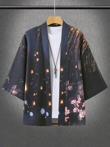 Áo choàng tay lửng in họa tiết kiểu Nhật, áo khoác cardigan rộng rãi chống nắng kiểu Trung Quốc, áo khoác kimono nam thường ngày. - màu đen - Xem 4