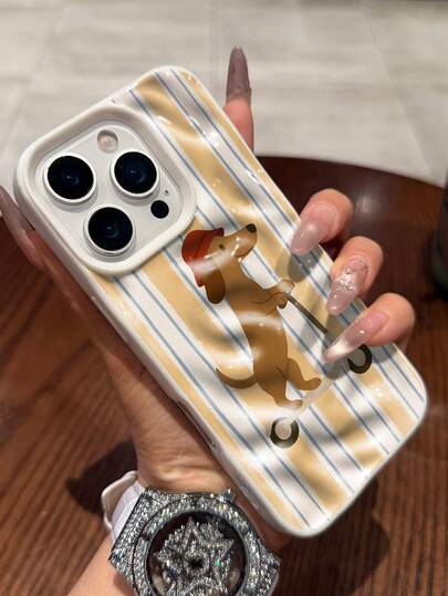 1PC For IPhone 15/14/13 Series, Funny & Retro, Wavy Water Ripple TPU, Phone Case, Ins Korean Style, Yellow & Blue Stripe & Dachshund On Scooter Pattern, 3D Wavy Shape, Full Coverage Shockproof