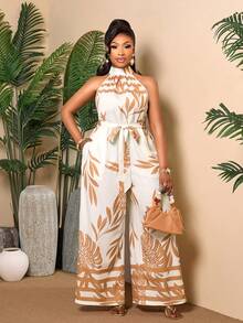 BIUBIU Plus Size Women's Tropical Leaf Print Sleeveless Jumpsuit With Belt, Elegant Loose Linen Blend Jumpsuit, Holiday Outfit, Women's Festival Clothing - Apricot Coffee - View 3