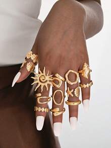 13pcs Bohemian Style Beach Vacation Gold Tone Flower, Sun, Asymmetrical Wide Band Rings Set, Suitable For Women's Holiday, Party, Daily, Travel, Photo Shoot, Versatile New Arrival - Yellow Gold - View 4