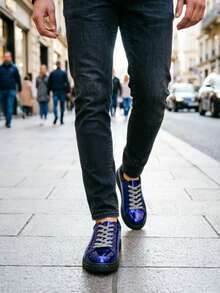 男士运动鞋 金属银色厚底运动鞋 亮片鞋带 墨迹泼墨鞋底 时尚休闲鞋 - 藍色 - 查看 4