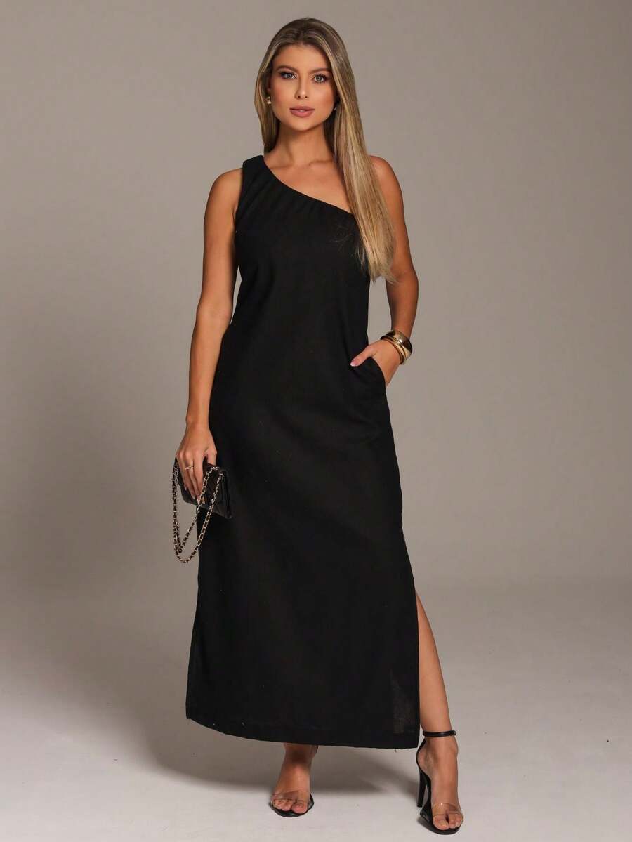 Linen Dress With Asymmetrical Detail, Pockets And Side Slit - Black - View 1