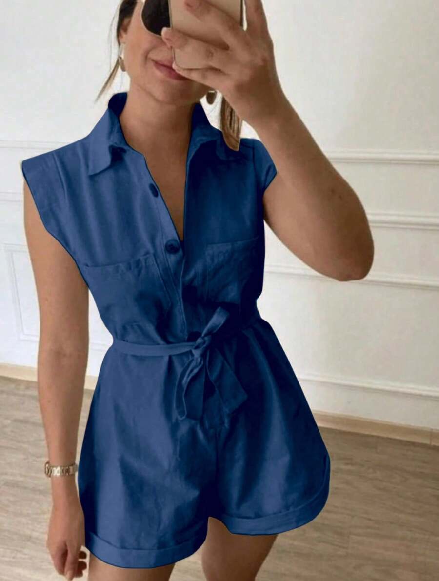 Women's Clothing/ Jumpsuit/Headband/Linen - أزرق بحري - مشاهدة 1