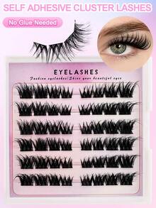 48 pièces de bouquets de cils adhésifs en forme de C, extensions de cils style œil de chat, faux cils individuels doux et moelleux réutilisables, sans colle nécessaire, application facile - Noir - Voir 5