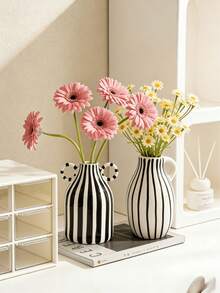1 Peça Vaso Cerâmico Listrado Minimalista, Preto e Branco, Decoração de Vaso Minimalista Nórdica Criativa, Vaso Floral de Mesa, Design Cilíndrico Adequado para Decoração com Flores Secas/Frescas, Adequado para Sala de Estar, Escritório, Escrivaninha, Decoração Zen de Estilo Chinês Moderno - Versão do irmão - Visão 2