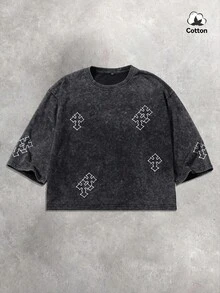 男士夏季街头哥特十字图案方领T恤，弹力水洗黑色休闲日常短款上衣 - 黑色 - 查看 1