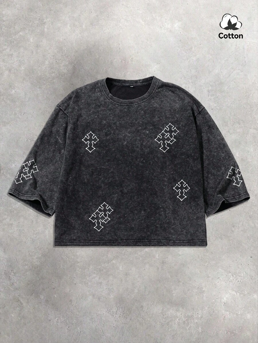 男士夏季街头哥特十字图案方领T恤，弹力水洗黑色休闲日常短款上衣 - 黑色 - 查看 1