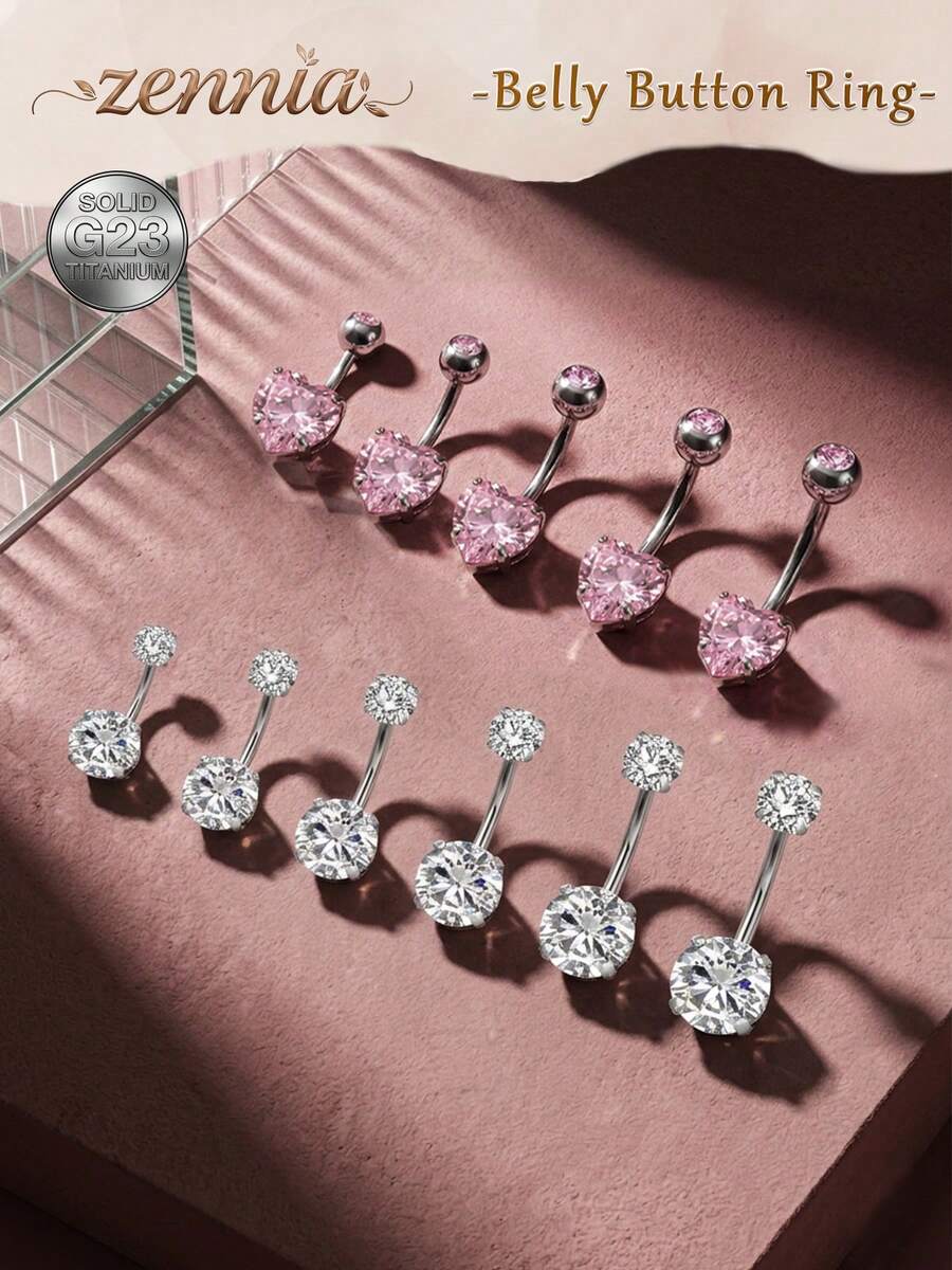 1pc Titanium Belly Ring Pink Heart Belly Button Ring14G, CZ Silver Navel Rings For Women Men Navel Piercing Jewelry 6-16mm For Daily,Halloween - Titanium Belly Ring - View 1