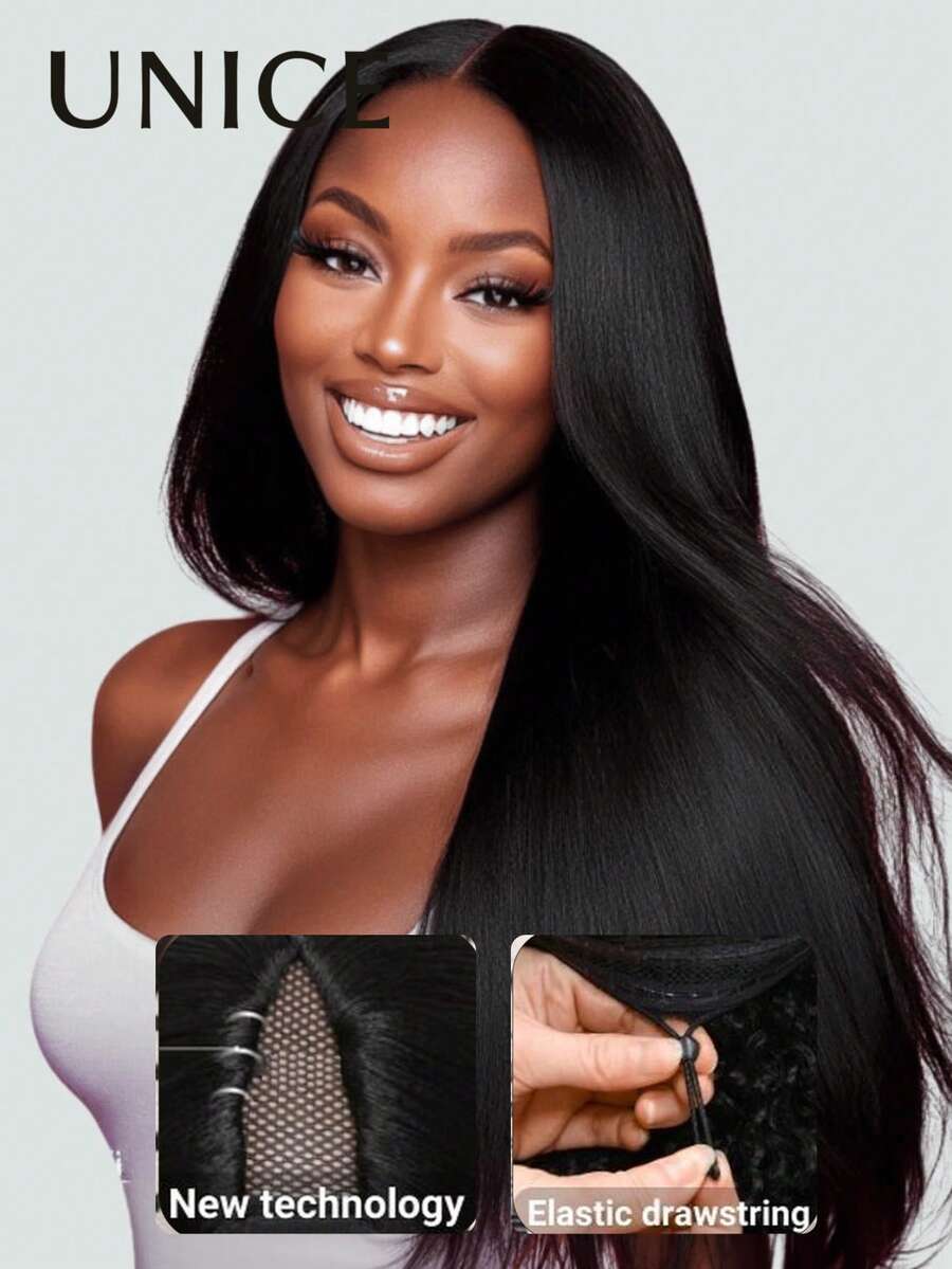 V型假发升级版U型假发 EasiContour™ V型无胶Yaki直发假发，带隐形抽绳，无需缝合，夹式半头假发，新手友好，易于融合，即戴即用，女士Unice假发