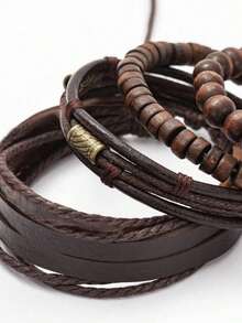 4件套复古时尚多层木珠男士手链 - 棕色 - 查看 3