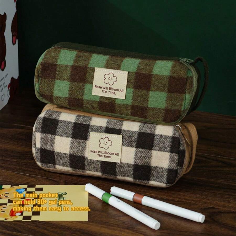 1 chiếc hộp đựng bút cầm tay kiểu retro kẻ caro thời trang, đồ dùng văn phòng phẩm cho học sinh, dung tích lớn, túi đựng bút cho bé gái, đồ dùng học tập cho năm học mới.