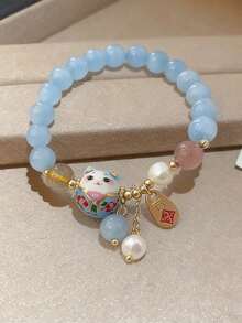 2条/1条招财猫手链，配仿蓝水晶陶瓷猫吊坠，风水好运饰品，女士招财保佑手链 - 藍色 - 查看 8