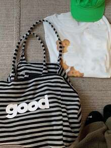 Túi tote kẻ sọc đen trắng, túi xách tay thường ngày, túi đeo vai, túi unisex dùng hàng ngày, có thể gấp gọn. - màu đen - Xem 6