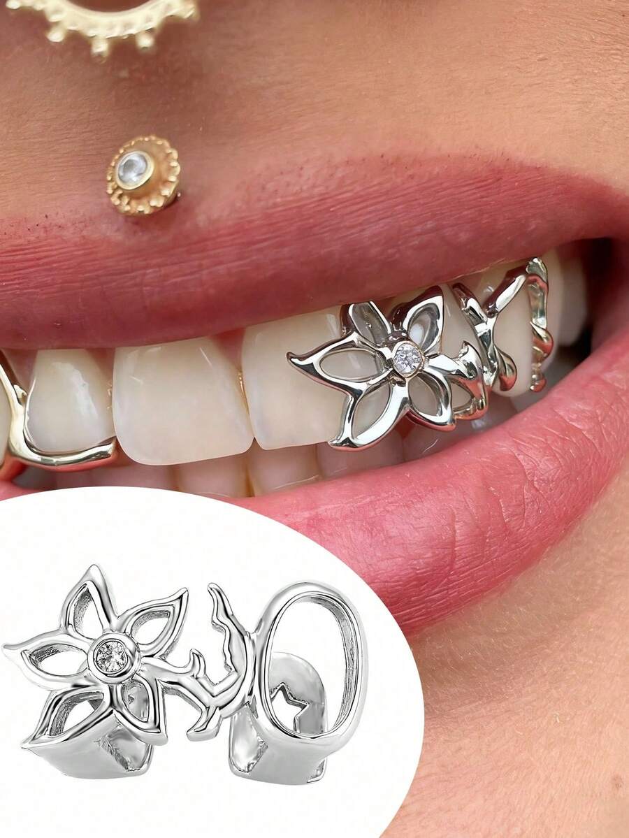 3件套时尚个性嘻哈风格牙套，镂空铜合金氧化锆牙套，男女皆宜的酷炫礼物 - 彩色 - 查看 1