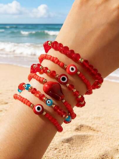 imoli Set de 6 piezas de pulseras de estilo bohemio con cuentas de resina acrílica con diseño de ojo, un regalo precioso para mujeres en vacaciones de playa