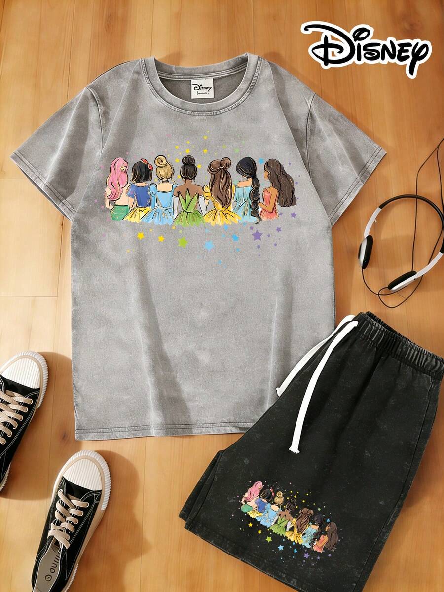 Disney Official Authorization | Women's 2PCS 100% Washed Cotton Vintage Style Short-Sleeve T-Shirt & Shorts Set. Inspired By Watercolor Art, It Brings Together The Disney Princess Squad Into A Healing Back-View Painting. Iconic Elements Like Ariel's Pink Hair, Snow White's Red Bow, And Tiana's Green Dress Are Featured, Along With Gradient Rainbow Gowns And Star Accents. The Loose Fit Flatters All Body Types, Making It Versatile And Practical For Daily Outings, And It Is Also An Ideal Choice For Matching Outfits With Girlfriends On Trips Together. - Grey - View 1
