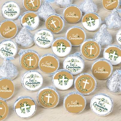 10sets/90pcs Paper First Holy Communion Elegant Cross - Religious Party Small Round Candy Stickers - Party Favor Labels