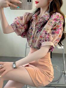 Summer Elegant Women's Floral Pattern Sheer Lantern Sleeve Short Sleeve Blouse Vacation - Multicolor - View 5