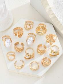 14 pezzi Set di gioielli in stile bohémien vintage, con design asimmetrico, geometrico, a linee e floreale, con effetto stropicciato, adatto per uso quotidiano, feste, festival, come regalo di compleanno per le donne - Oro giallo - Visualizzare 5