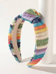 1 pieza Diadema ancha de estilo bohemio, diseño de rayas coloridas, tocado anudado de moda con aire rústico, adecuado para atuendos casuales, de playa y de vacaciones, banda para el cabello, aro para el cabello - Multicolor - Ver 11