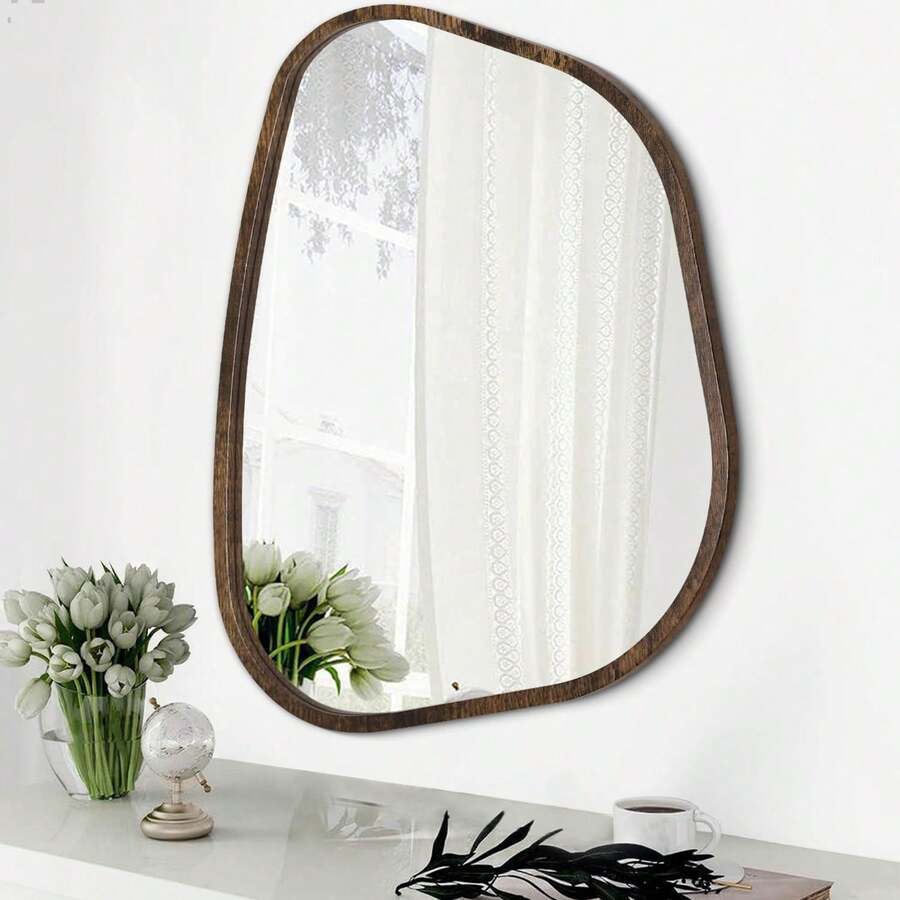 Black Asymmetrical Irregular Oval Wall Mirror Modern Frame Unique Shape Wall - Mounted Vanity Artistic Decor Living Room, Bedroom, Bathroom, Entryway 16x12 - Tan - View 1