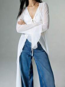 Women Frill Sheer Kimono Long Sleeve Deep V Neck Ruffle Top See Through Flowy Going Out Blouse Shirt Y2K Mesh Tie Front Beach Cover Ups Party Clubwear - 白色 - 查看 4