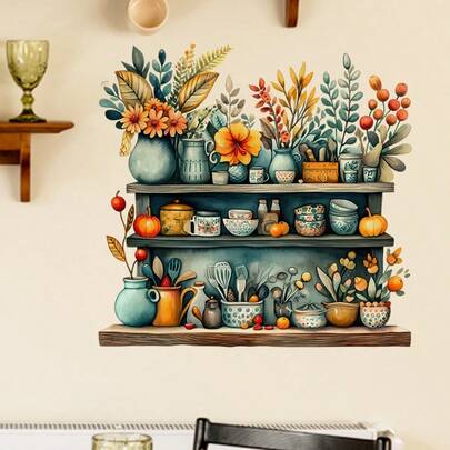 2D平面贴纸彩色花盆墙贴带木架墙门贴纸水彩花卉盆景花园花卉墙贴带蝴蝶图案，适用于厨房客厅浴室卧室门廊电视背景墙贴纸