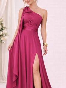 Bridesmaid Dress For Parties, Guests, Receptions, Graduations, Without Glitter, Cape Sleeves, In Flowy Fabric. - Màu Hoa hồng đỏ - Xem 2