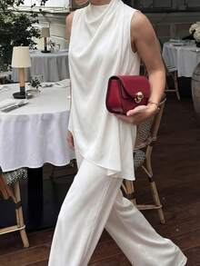 White High Neck Asymmetric Top And Wide Leg Pants Set, Elegant Office And Event Wear - White - View 4