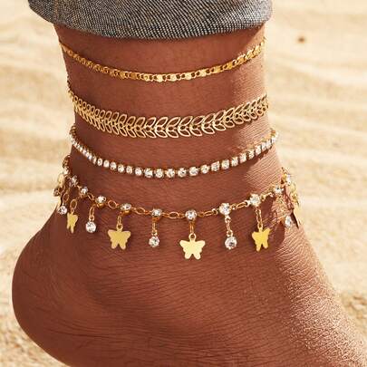 VKME 4pcs Metal Compliance Material Butterfly Inlaid Diamond Anklet Set Summer Beach Beach Ladies Everywhere Wear