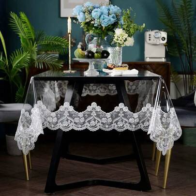 1 قطعة منضدة مفرش من البي في سي مزين بتصميم الدانتيل، حصيرة مستطيلة للديكور الداخلي والخارجي، مناسبة للمنزل والمطاعم والمقاهي والأعياد والحفلات
