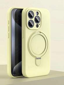磁吸式单件装奢华磨砂硅胶隐形指环支架手机壳，兼容 16/15/14/13/12/11 Pro Plus Max，支持无线充电，防水，防震，防摔，防刮花 - 乳黃色 - 查看 2