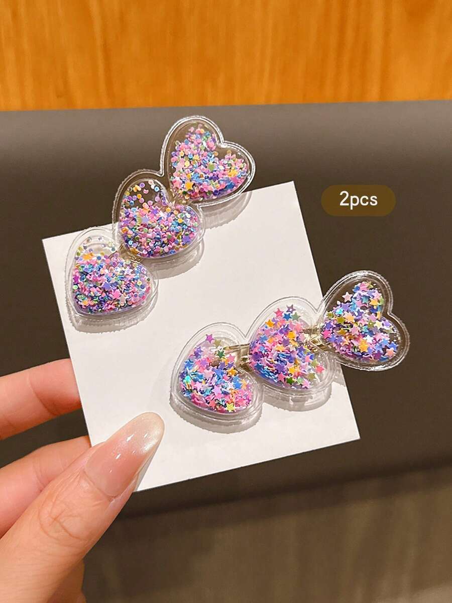 2pcs Colorful Heart-Shaped Liquid Quicksand Hair Clips, Sweet Style Suitable For Daily Use