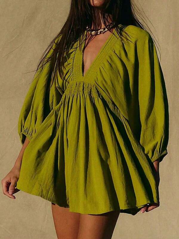 New Spring/Summer Elegant Fashion Sexy Deep V-Neck Puff Sleeve Casual Mini Dress For Women, Vacation Boho & Western & Tropical & Sun Dress