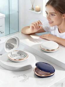 1pc Portable Retainer Storage Box With Mirror, Made Of ABS Sealing Material, Can Store Braces, Orthodontic Appliances, Dentures, Moisture-Proof And Odor-Proof, Durable Sealed Design, Compact And Portable, Suitable For Orthodontic Patients At Home Or Travel, No Battery Required - Multicolor - View 2