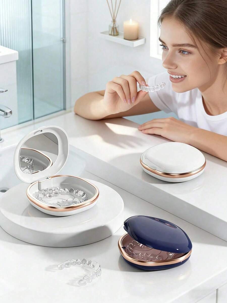 1pc Portable Retainer Storage Box With Mirror, Made Of ABS Sealing Material, Can Store Braces, Orthodontic Appliances, Dentures, Moisture-Proof And Odor-Proof, Durable Sealed Design, Compact And Portable, Suitable For Orthodontic Patients At Home Or Travel, No Battery Required