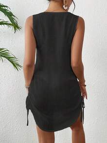 Women Solid Color Sleeveless Kimono Cardigan, Beach Cover Up For Summer Vacation Black - Black - View 3
