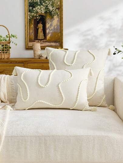 1pc Modern Minimalist Beige Wavy Handmade Throw Pillow Cover, Geometric Striped Embroidered Cushion Cover, Suitable For Indoor Decor, All Season Pillow Sham, Pillow Insert Not Included