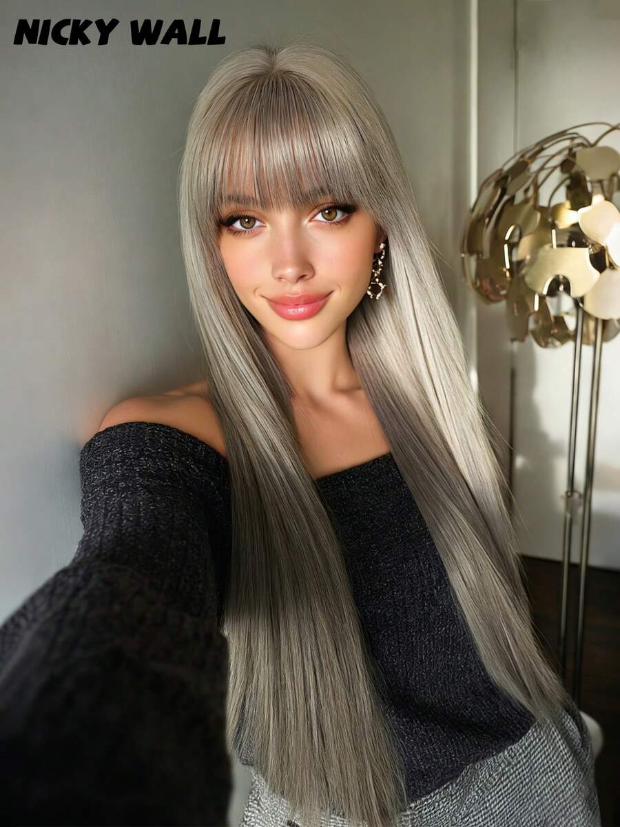 NICKY WALL 28英寸超长直发灰色假发，女士款，自然逼真，带齐刘海，高密度蓬松耐热合成纤维，适合日常佩戴，母亲节礼物之选。