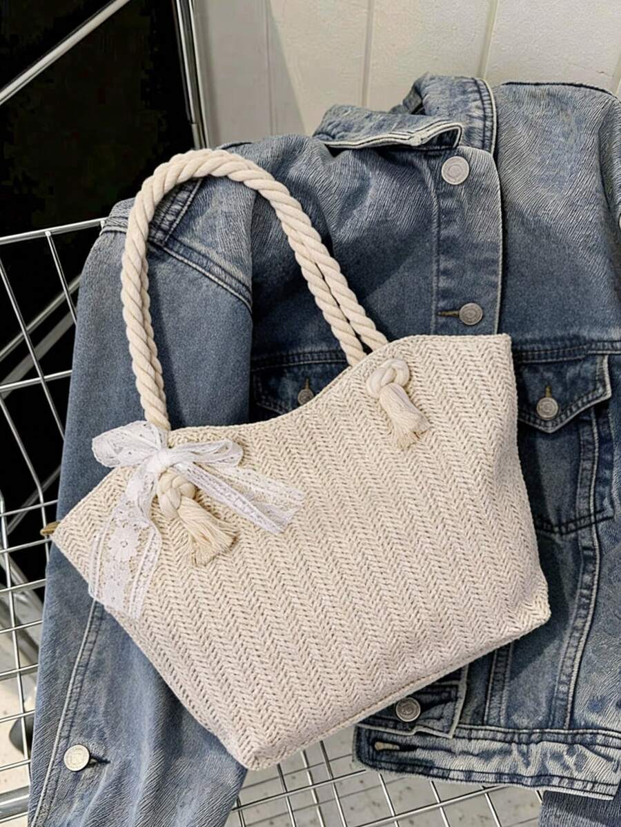 Bolso de playa de paja de gran capacidad con estilo para vacaciones de verano, bolso de hombro casual y de moda - Beis - Ver 1